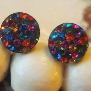 925 Sterling Silver Earrings Multicolor Glass Rhinestones Vintage Studs